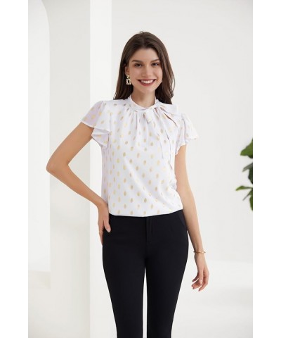 Summer Tops for Women 2024 Ruffle Sleeve Tie Neck Blouse Pleated Mock Neck Chiffon Business Casual Shirt White $13.80 Blouses