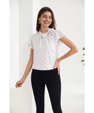 Summer Tops for Women 2024 Ruffle Sleeve Tie Neck Blouse Pleated Mock Neck Chiffon Business Casual Shirt White $13.80 Blouses