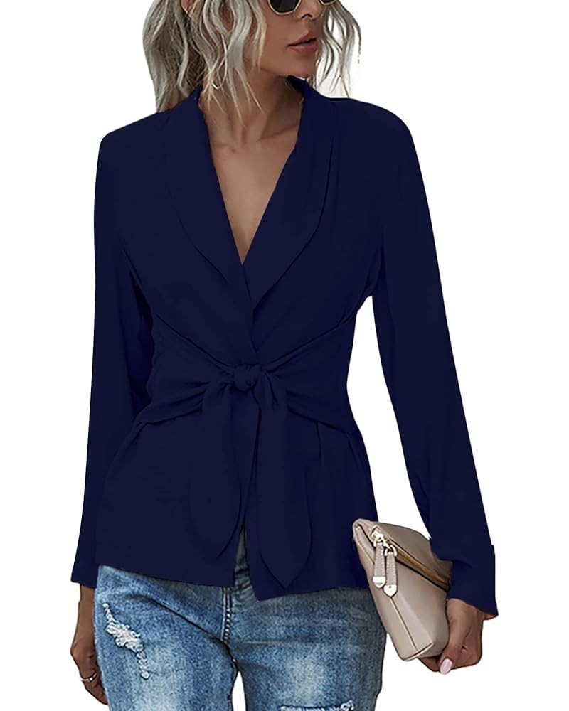 Women's V Neck Blazer Jacket Self Tie Knot Long Sleeve Elegant Workwear Blouse Solid Navy Blue $18.04 Blazers