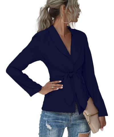 Women's V Neck Blazer Jacket Self Tie Knot Long Sleeve Elegant Workwear Blouse Solid Navy Blue $18.04 Blazers