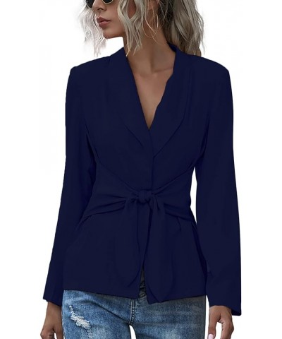 Women's V Neck Blazer Jacket Self Tie Knot Long Sleeve Elegant Workwear Blouse Solid Navy Blue $18.04 Blazers