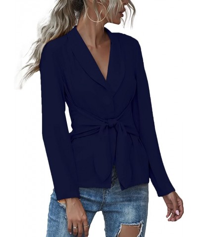 Women's V Neck Blazer Jacket Self Tie Knot Long Sleeve Elegant Workwear Blouse Solid Navy Blue $18.04 Blazers