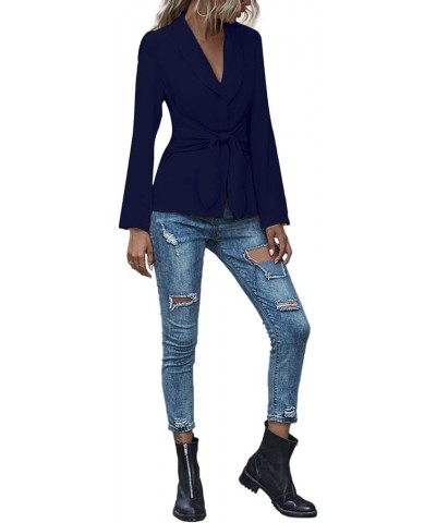 Women's V Neck Blazer Jacket Self Tie Knot Long Sleeve Elegant Workwear Blouse Solid Navy Blue $18.04 Blazers