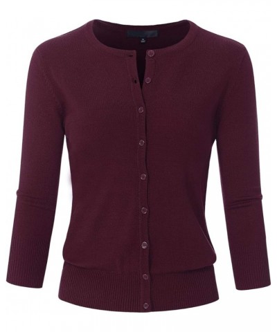 Women's 3/4 Sleeve Crew Neck Button Down Stretch Knit Cardigan Sweater (S-3XL) Jcd003_burgundy $13.64 Sweaters