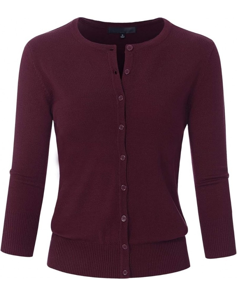 Women's 3/4 Sleeve Crew Neck Button Down Stretch Knit Cardigan Sweater (S-3XL) Jcd003_burgundy $13.64 Sweaters