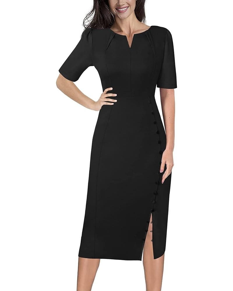 Womens Pleated Notch V Neck Buttons Split Work Office Business Bodycon Slim Pencil Sheath Dress Black (Short Sleeve)-4 $25.43...