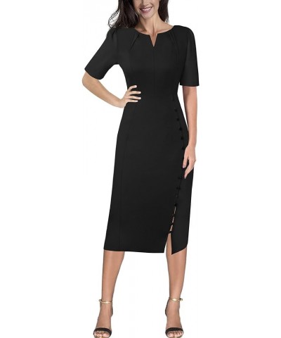 Womens Pleated Notch V Neck Buttons Split Work Office Business Bodycon Slim Pencil Sheath Dress Black (Short Sleeve)-4 $25.43...