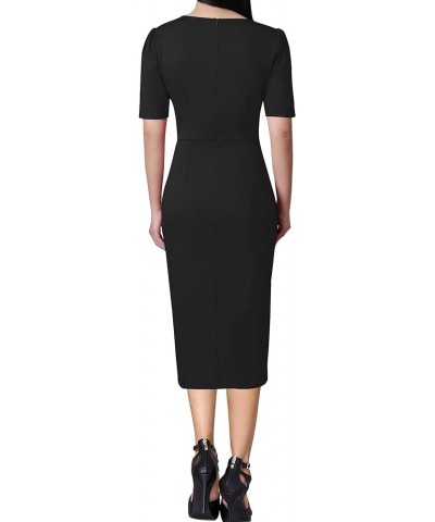 Womens Pleated Notch V Neck Buttons Split Work Office Business Bodycon Slim Pencil Sheath Dress Black (Short Sleeve)-4 $25.43...