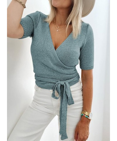 Womens Short Sleeve Sweaters Crop Tops Sexy Wrap V Neck Shirt Knit Sweater Blouse with Belt Green $17.97 Sweaters