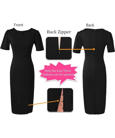 Womens Pleated Notch V Neck Buttons Split Work Office Business Bodycon Slim Pencil Sheath Dress Black (Short Sleeve)-4 $25.43...