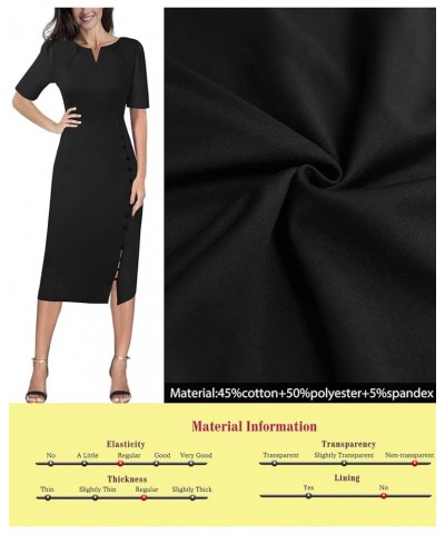 Womens Pleated Notch V Neck Buttons Split Work Office Business Bodycon Slim Pencil Sheath Dress Black (Short Sleeve)-4 $25.43...