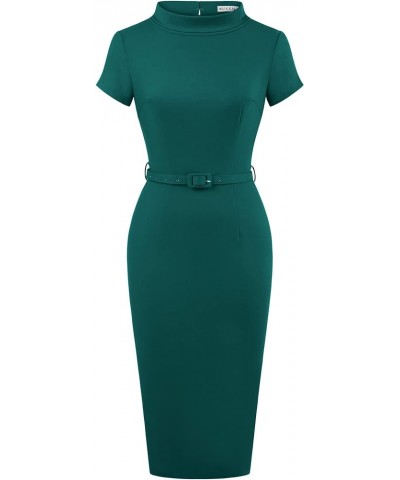 Women's Retro Midi Short Sleeve Pencil Knee-Length Vintage Cocktail Office Business Work Dress Dark Green $23.31 Dresses