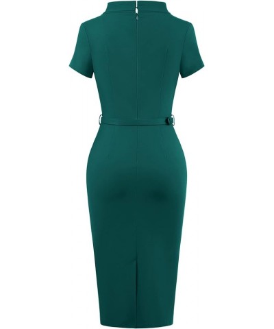 Women's Retro Midi Short Sleeve Pencil Knee-Length Vintage Cocktail Office Business Work Dress Dark Green $23.31 Dresses