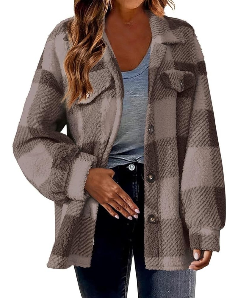 Women's Buffalo Plaid Fleece Jacket Open Front Long Sleeve Cardigan Shacket Jackets Fall Winter Trendy Fashion Coats Coffee $...