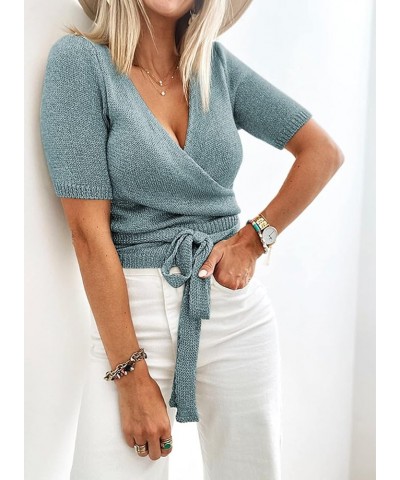 Womens Short Sleeve Sweaters Crop Tops Sexy Wrap V Neck Shirt Knit Sweater Blouse with Belt Green $17.97 Sweaters