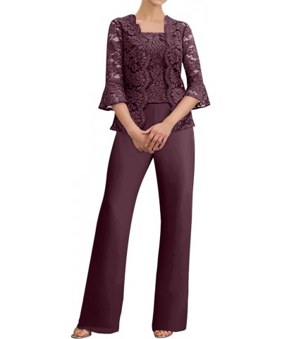 Women's 3 Pieces Mother of The Bride Pant Suits for Wedding Chiffon Long Sleeves Mother of The Bride Dress MIS21 Burgundy $38...