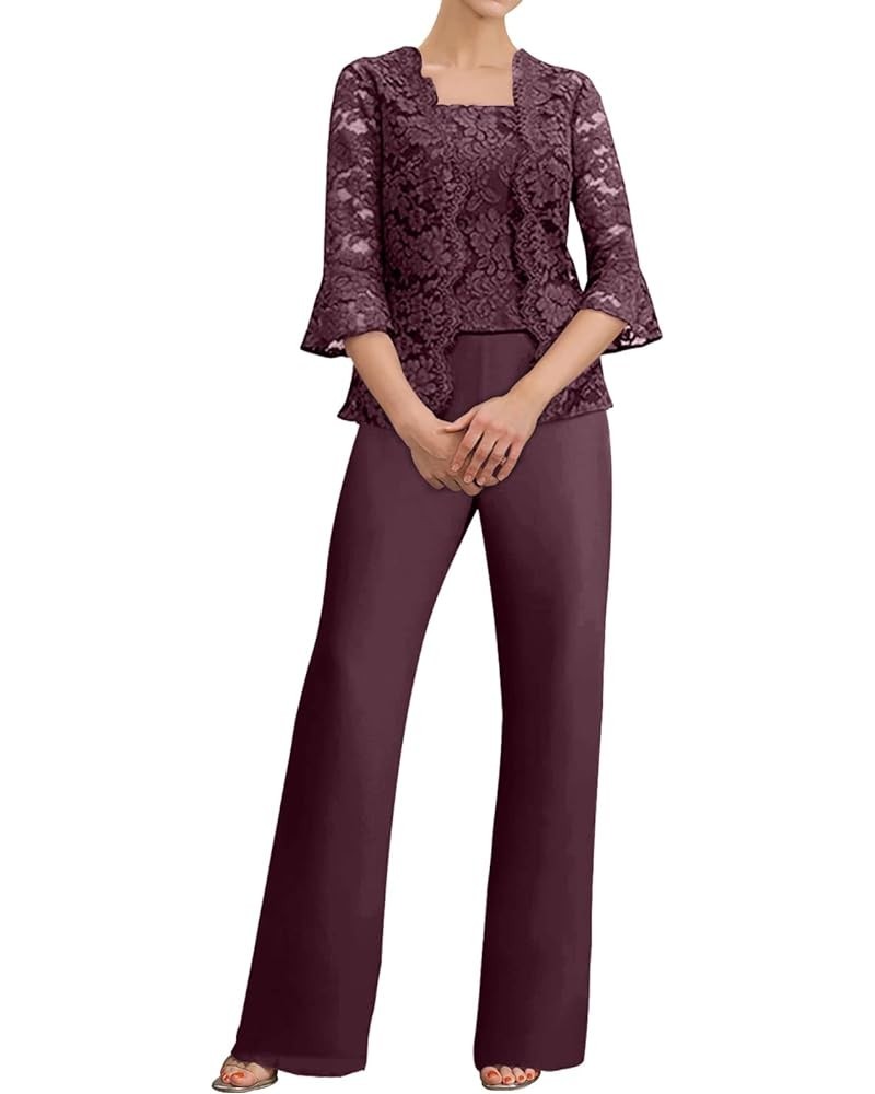 Women's 3 Pieces Mother of The Bride Pant Suits for Wedding Chiffon Long Sleeves Mother of The Bride Dress MIS21 Burgundy $38...