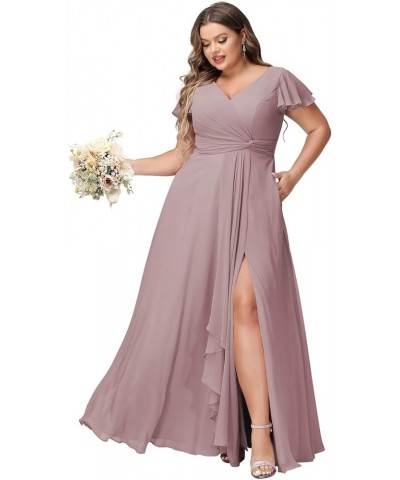 Women's Fultter Sleeves Bridesmaid Dresses Long with Slit Pleated Chiffon Formal Party Dresses with Pocket NA20 Dusty Mauve $...