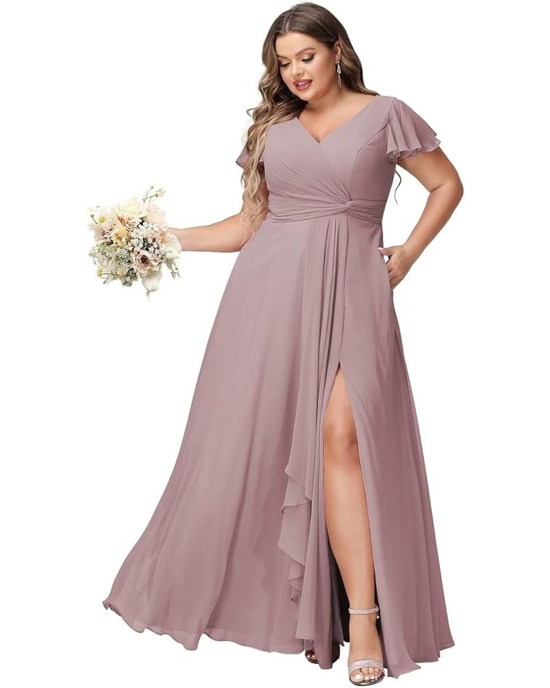 Women's Fultter Sleeves Bridesmaid Dresses Long with Slit Pleated Chiffon Formal Party Dresses with Pocket NA20 Dusty Mauve $...