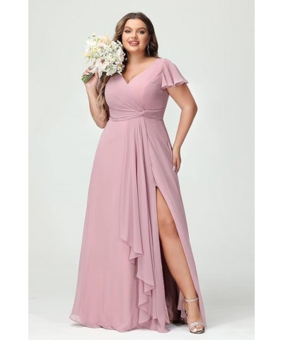 Women's Fultter Sleeves Bridesmaid Dresses Long with Slit Pleated Chiffon Formal Party Dresses with Pocket NA20 Dusty Mauve $...