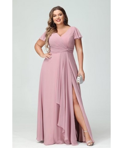 Women's Fultter Sleeves Bridesmaid Dresses Long with Slit Pleated Chiffon Formal Party Dresses with Pocket NA20 Dusty Mauve $...