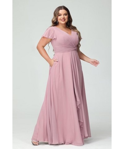 Women's Fultter Sleeves Bridesmaid Dresses Long with Slit Pleated Chiffon Formal Party Dresses with Pocket NA20 Dusty Mauve $...