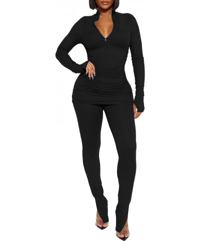 Women's Sexy 2 Piece Outfits Sweatsuits Half Zip Tracksuit Long Sleeve Ribbed Legging Pants Set Black $12.60 Activewear