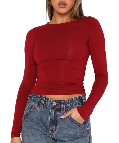 Womens Long Sleeve T Shirts Crew Neck Slim Fit Crop Top Sexy Basic Tee Workout Y2K Tight Shirts Going Out Tops Red $10.19 T-S...