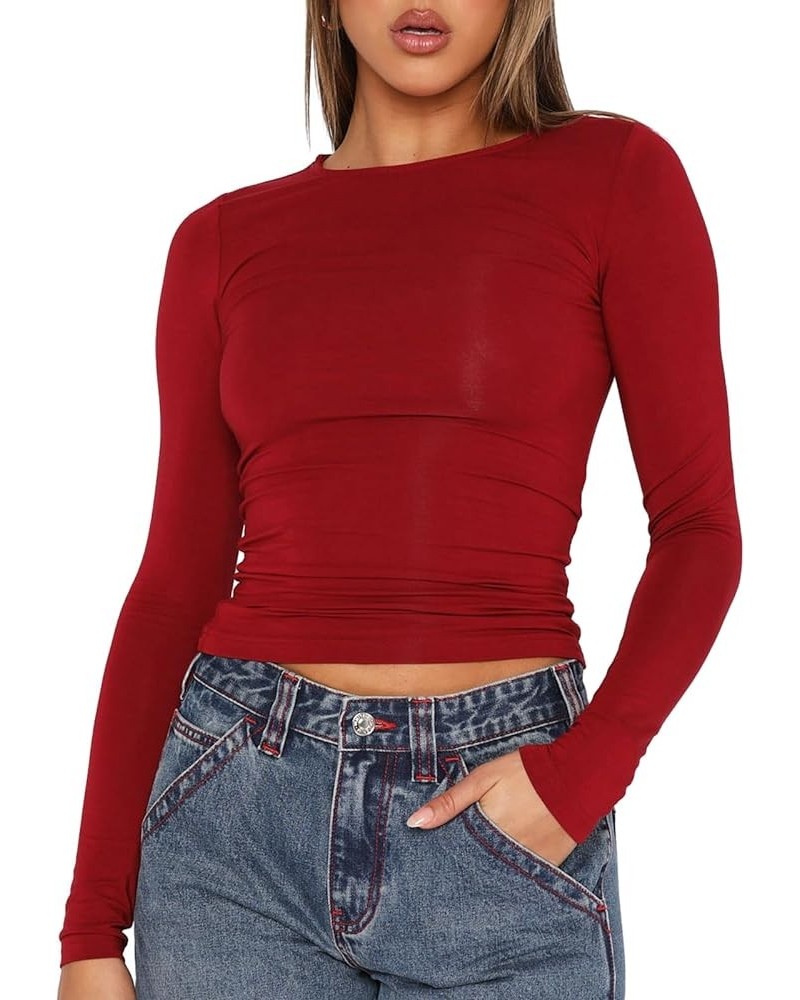 Womens Long Sleeve T Shirts Crew Neck Slim Fit Crop Top Sexy Basic Tee Workout Y2K Tight Shirts Going Out Tops Red $10.19 T-S...