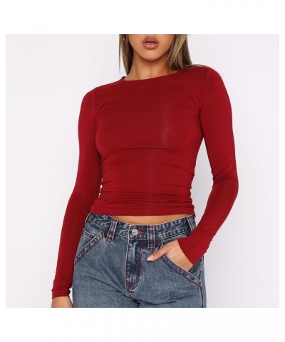 Womens Long Sleeve T Shirts Crew Neck Slim Fit Crop Top Sexy Basic Tee Workout Y2K Tight Shirts Going Out Tops Red $10.19 T-S...