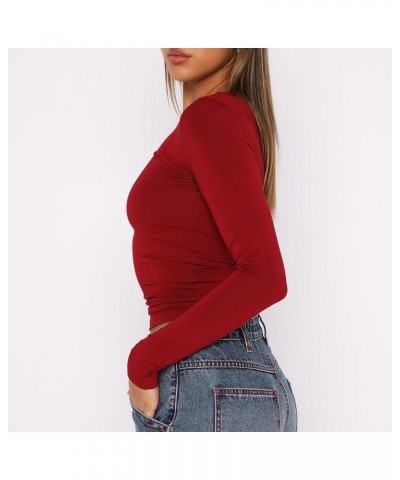 Womens Long Sleeve T Shirts Crew Neck Slim Fit Crop Top Sexy Basic Tee Workout Y2K Tight Shirts Going Out Tops Red $10.19 T-S...