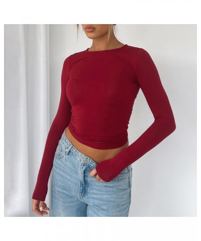 Womens Long Sleeve T Shirts Crew Neck Slim Fit Crop Top Sexy Basic Tee Workout Y2K Tight Shirts Going Out Tops Red $10.19 T-S...