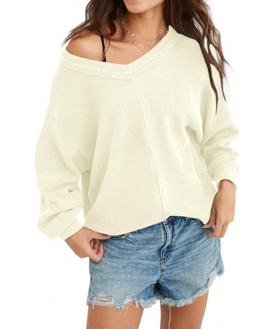 Womens V Neck Long Sleeve Top Off The Shoulder Loose Fit Knit Shirt Casual High Low Tunic Tops Beige $10.99 Tops