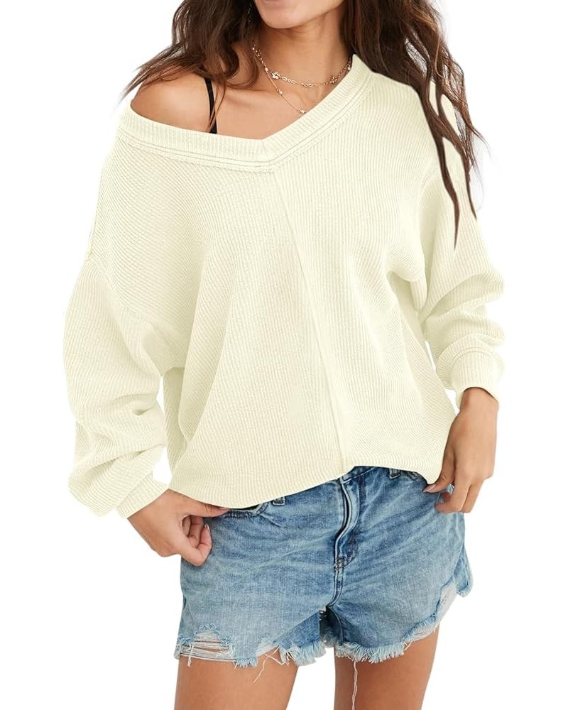 Womens V Neck Long Sleeve Top Off The Shoulder Loose Fit Knit Shirt Casual High Low Tunic Tops Beige $10.99 Tops