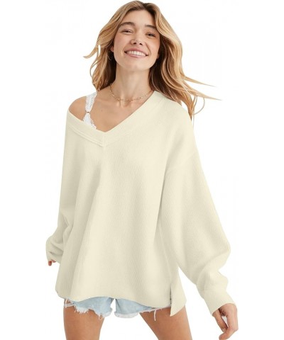 Womens V Neck Long Sleeve Top Off The Shoulder Loose Fit Knit Shirt Casual High Low Tunic Tops Beige $10.99 Tops