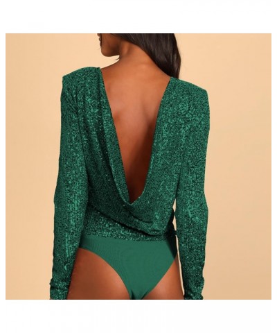 Women Sequin Bodysuit Shinny Backless Round Neck Top Pure Color Stretchy Glitter Basic Jumpsuit Green $16.41 Bodysuits