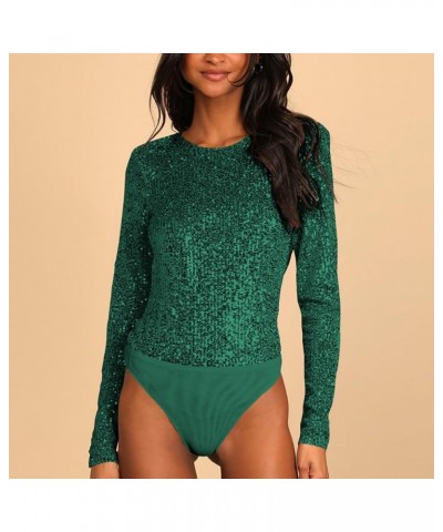 Women Sequin Bodysuit Shinny Backless Round Neck Top Pure Color Stretchy Glitter Basic Jumpsuit Green $16.41 Bodysuits