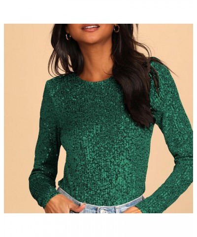 Women Sequin Bodysuit Shinny Backless Round Neck Top Pure Color Stretchy Glitter Basic Jumpsuit Green $16.41 Bodysuits