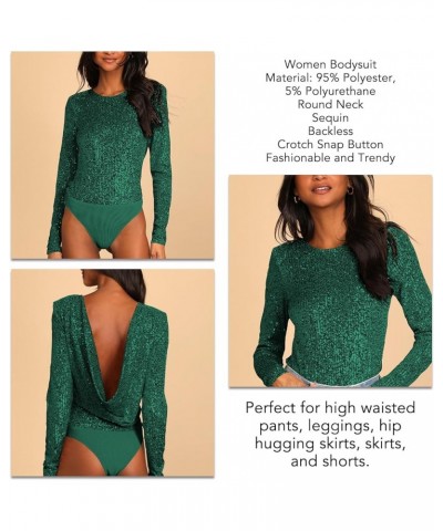 Women Sequin Bodysuit Shinny Backless Round Neck Top Pure Color Stretchy Glitter Basic Jumpsuit Green $16.41 Bodysuits