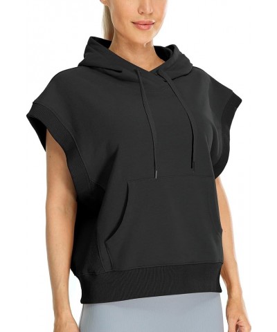 Women's Oversized Hooded Sweatshirt, Casual Workout Cap Sleeve Pullover with kangaroo Pocket Black $20.99 Activewear