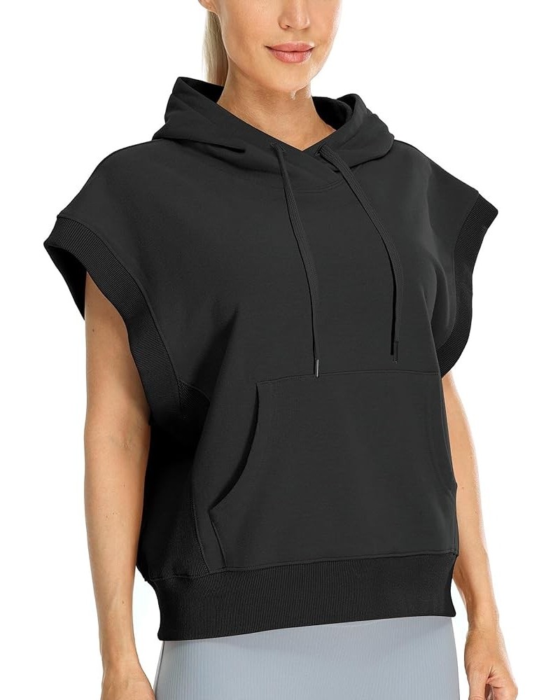 Women's Oversized Hooded Sweatshirt, Casual Workout Cap Sleeve Pullover with kangaroo Pocket Black $20.99 Activewear