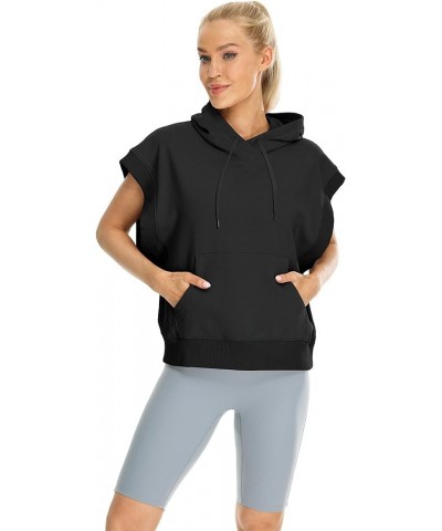 Women's Oversized Hooded Sweatshirt, Casual Workout Cap Sleeve Pullover with kangaroo Pocket Black $20.99 Activewear