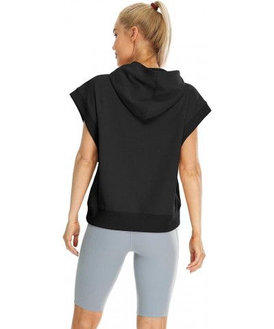 Women's Oversized Hooded Sweatshirt, Casual Workout Cap Sleeve Pullover with kangaroo Pocket Black $20.99 Activewear