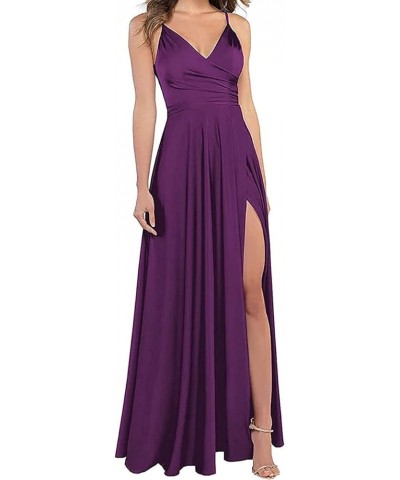 Long Bridesmaid Dresses for Women Formal Satin Spghetti Strap Prom Evening Gowns with Pockets KM054 Dark Purple $34.21 Dresses