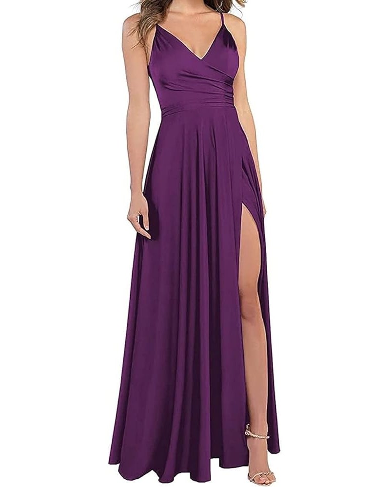 Long Bridesmaid Dresses for Women Formal Satin Spghetti Strap Prom Evening Gowns with Pockets KM054 Dark Purple $34.21 Dresses