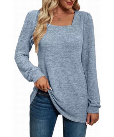 Womens Long Sleeve Tunic Shirt Solid Square Neck Puff Sleeve Pullover Top Casual Sweatshirts Light Blue $9.68 Tops