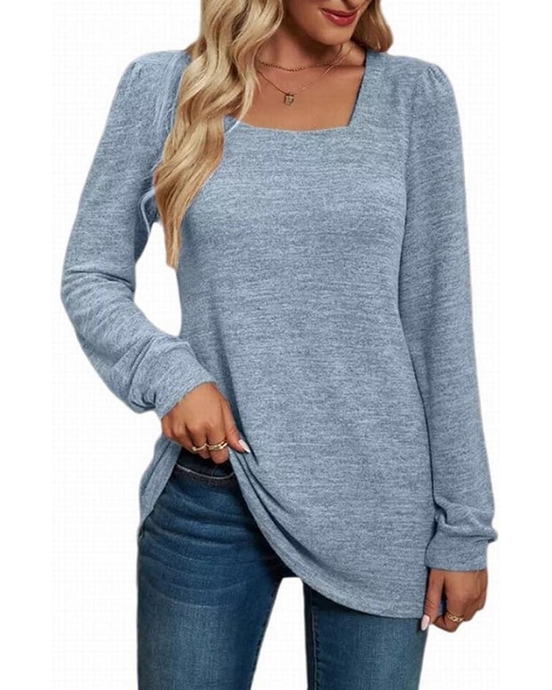 Womens Long Sleeve Tunic Shirt Solid Square Neck Puff Sleeve Pullover Top Casual Sweatshirts Light Blue $9.68 Tops