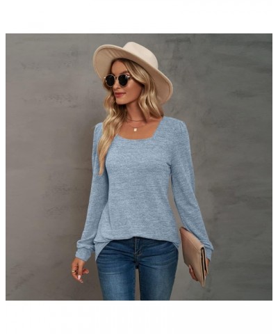 Womens Long Sleeve Tunic Shirt Solid Square Neck Puff Sleeve Pullover Top Casual Sweatshirts Light Blue $9.68 Tops