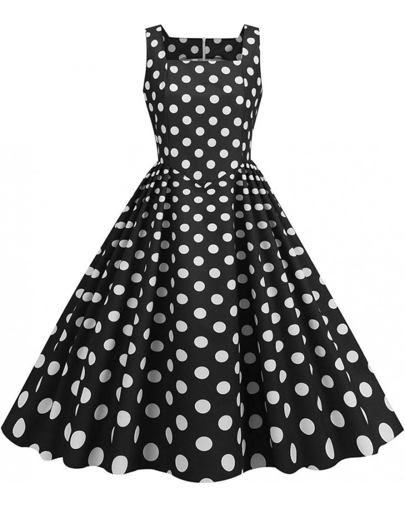 1950's Vintage Dress for Women Sleeveless Square Neck Midi A-Line Dresses Polka Dot Retro Swing Party Cocktail Dress Black $7...