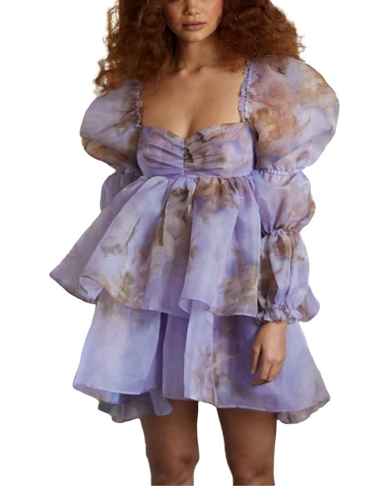 Women Puff Sleeve Tulle Mini Princess Dress Off Shoulder Ruffled Flowy Fairy Mesh Tulle Short Dresses for Party 6-purple $13....